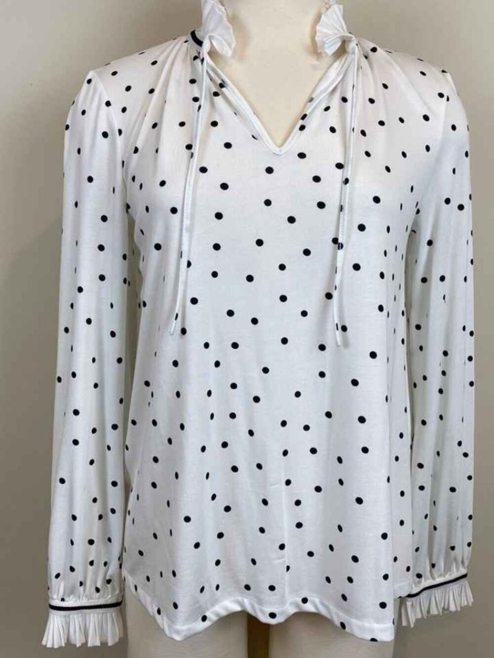 White Black Polka Dot Ruffle Long Sleeve Blouse